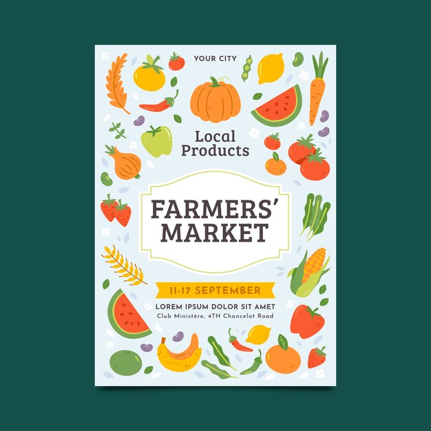 Cartel de mercado de agricultores de diseño plano dibujado a mano