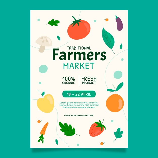 Cartel de mercado de agricultores de diseño plano dibujado a mano