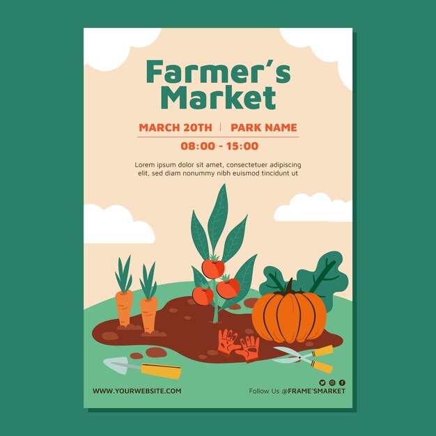 Cartel de mercado de agricultores de diseño plano dibujado a mano