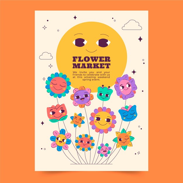 Vector gratuito cartel de mercado de flores de cara sonriente dibujado a mano