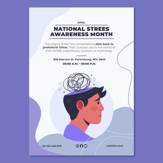 Vector gratuito cartel del mes de concientización sobre el estrés en psicología abstracta.