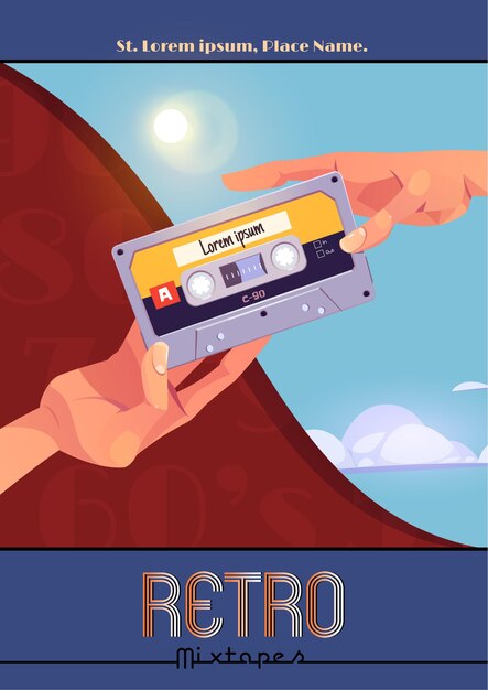 Cartel de mixtape retro con manos sosteniendo cinta de cassette de audio vintage