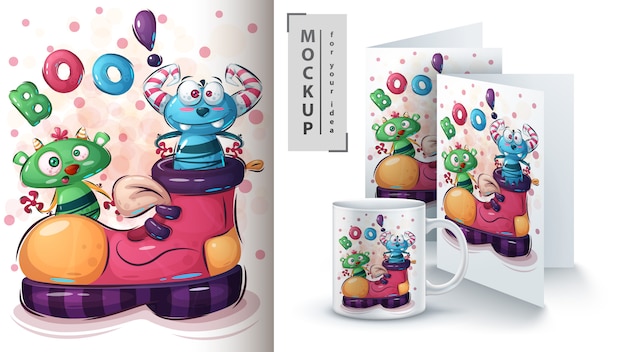 Cartel monstruo loco y merchandising
