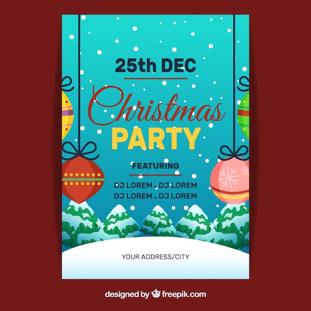 Cartel con nieve y bolas de navidad