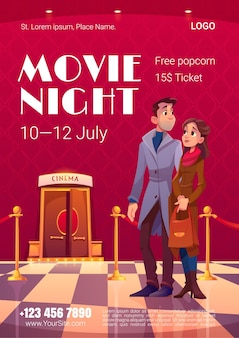 Cartel de la noche de cine en la sala de cine con puertas abiertas y valla de cuerda roja