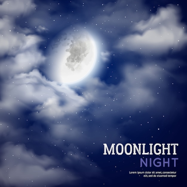 Cartel nocturno de luna llena con luna y nubes sobre fondo de cielo oscuro