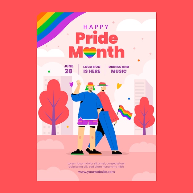 Vector gratuito cartel o folleto del día del orgullo lgbt plano dibujado a mano