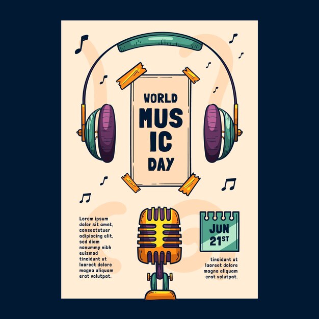 Cartel o folleto dibujado a mano del día mundial de la música