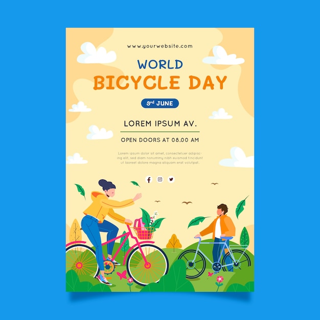 Vector gratuito cartel o folleto plano dibujado a mano del día mundial de la bicicleta