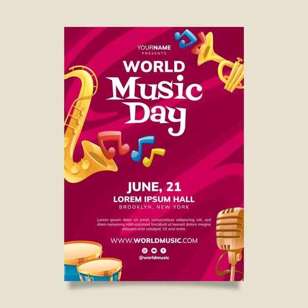 Cartel o folleto plano dibujado a mano del día mundial de la música