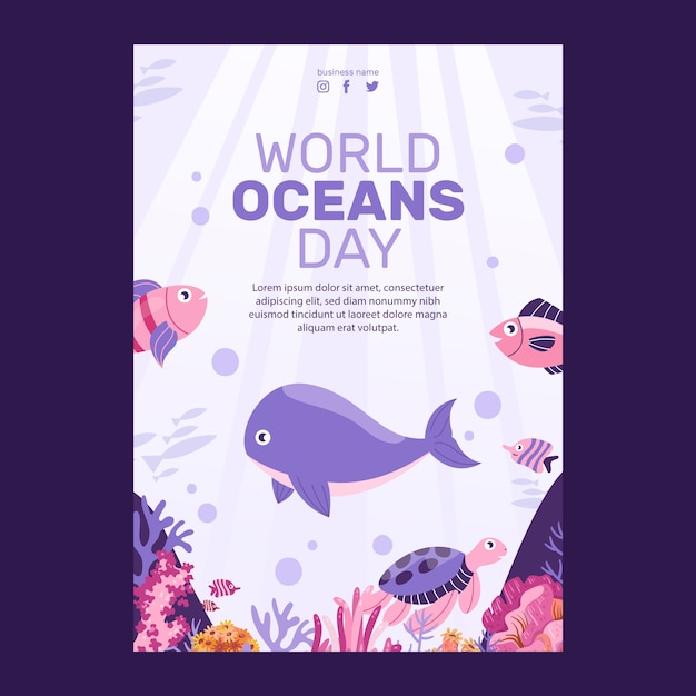 Vector gratuito cartel o folleto plano dibujado a mano del día mundial de los océanos