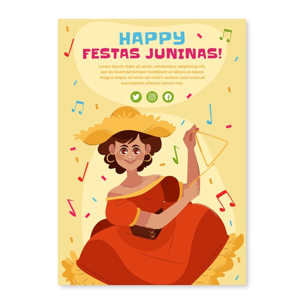 Cartel o volante de festas juninas planas dibujadas a mano