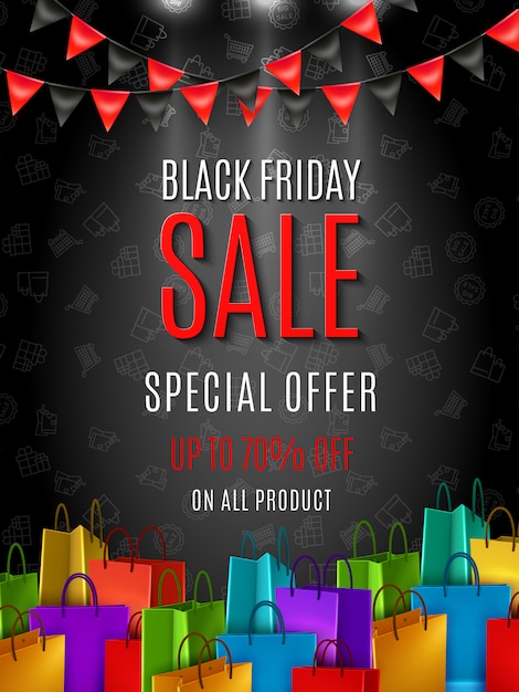 Vector gratuito cartel de oferta especial de venta de viernes negro o plantilla de banner con coloridas bolsas de compras en color oscuro