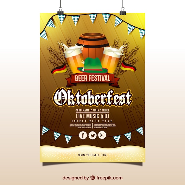 Cartel de oktoberfest con banderas, barril y jarras de cerveza