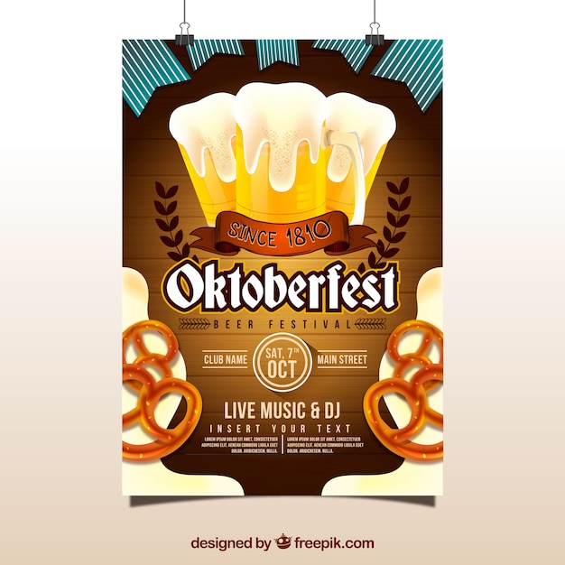 Vector gratuito cartel de oktoberfest con cerveza y pretzels