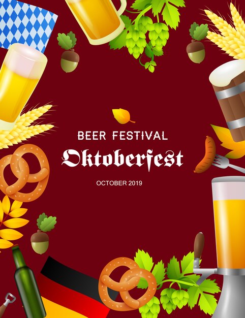 Cartel del Oktoberfest del festival de la cerveza con símbolos del festival