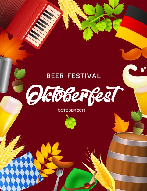 Cartel del Oktoberfest del festival de la cerveza con símbolos del festival