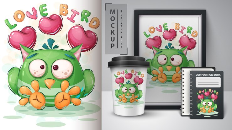 Vector gratuito cartel de pájaro de amor y merchandising.