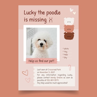 Cartel de perro perdido afortunado lindo dibujado a mano diseño plano