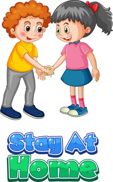cartel con el personaje de dibujos animados de dos niños no mantenga la distancia social con la fuente Stay at Home aislada en blanco