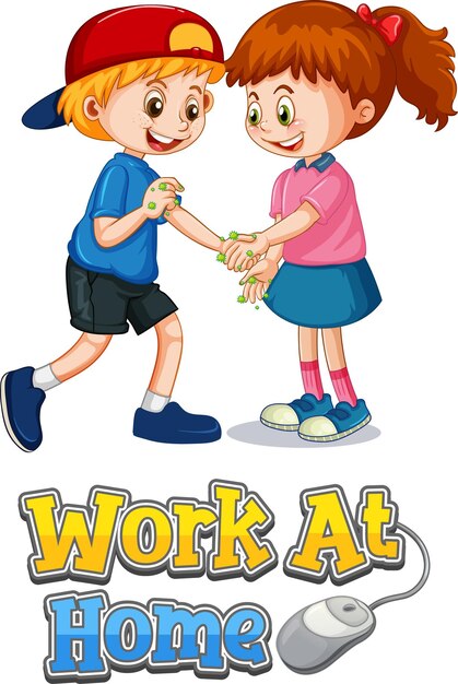 cartel con el personaje de dibujos animados de dos niños no mantenga la distancia social con la fuente Work at Home aislada en blanco