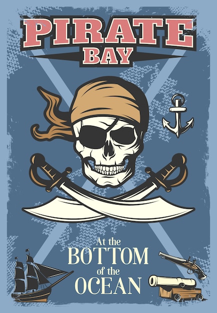 Vector gratuito cartel de piratas de colores con gran calavera y bahía pirata del título en el fondo del océano