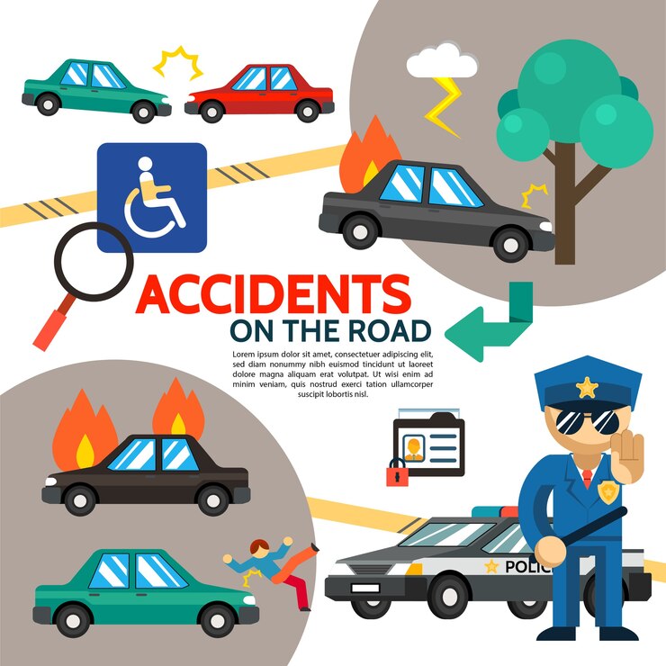 Vector gratuito cartel plano de accidente de tráfico con accidente automovilístico, coche en llamas, peatón, golpe, oficial de policía, signo de discapacidad discapacitado