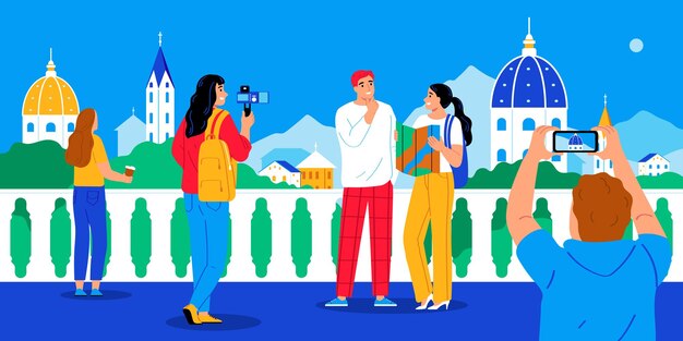 Cartel plano de blogger de viajes con jóvenes con dispositivos móviles que van de turismo ilustración vectorial