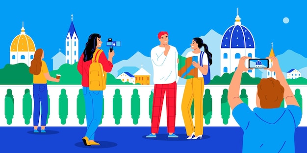 Cartel plano de blogger de viajes con jóvenes con dispositivos móviles que van de turismo ilustración vectorial