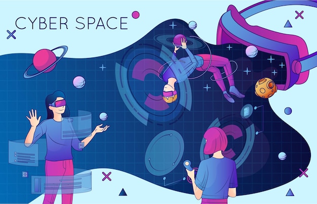 Cartel plano del ciberespacio con personas que experimentan la exploración espacial usando la ilustración de vector de auriculares de realidad virtual
