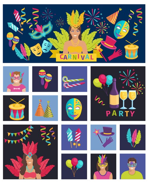 Cartel plano de la composición del ejemplo del vector del icono del carnaval