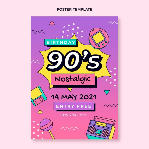 Cartel plano de cumpleaños nostálgico de los 90