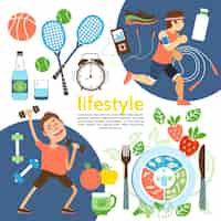 Vector gratuito cartel plano de estilo de vida saludable con atletas, equipamiento deportivo, zapatillas, reloj despertador, nutrición adecuada, ilustración