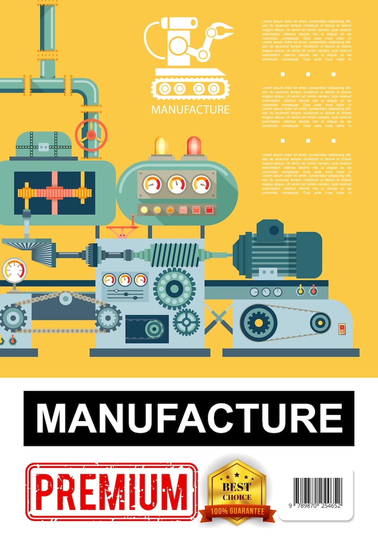 Vector gratuito cartel plano de fabricación industrial con línea de producción e icono de brazo robótico en la ilustración de fondo naranja