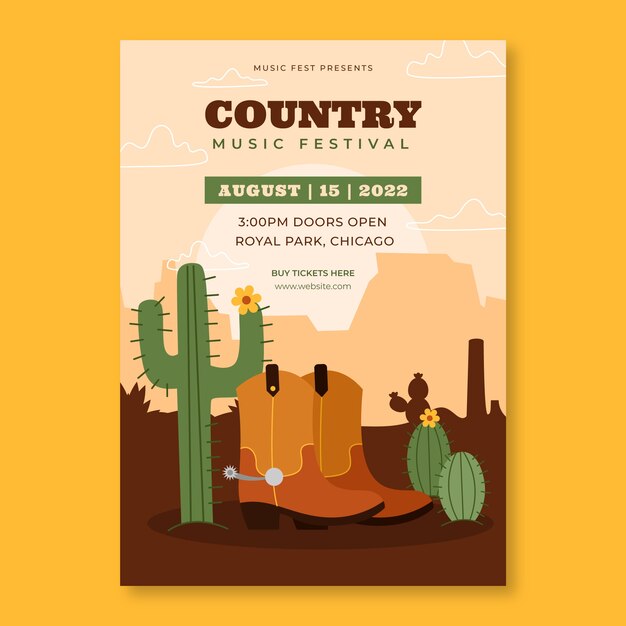 Cartel plano de música country dibujado a mano