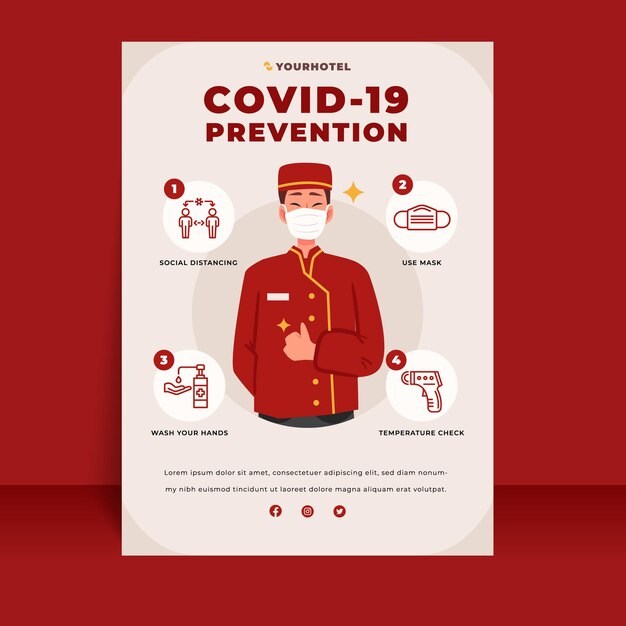 Vector gratuito cartel plano de prevención de coronavirus para hoteles.