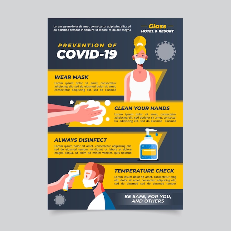 Vector gratuito cartel plano de prevención de coronavirus para hoteles.