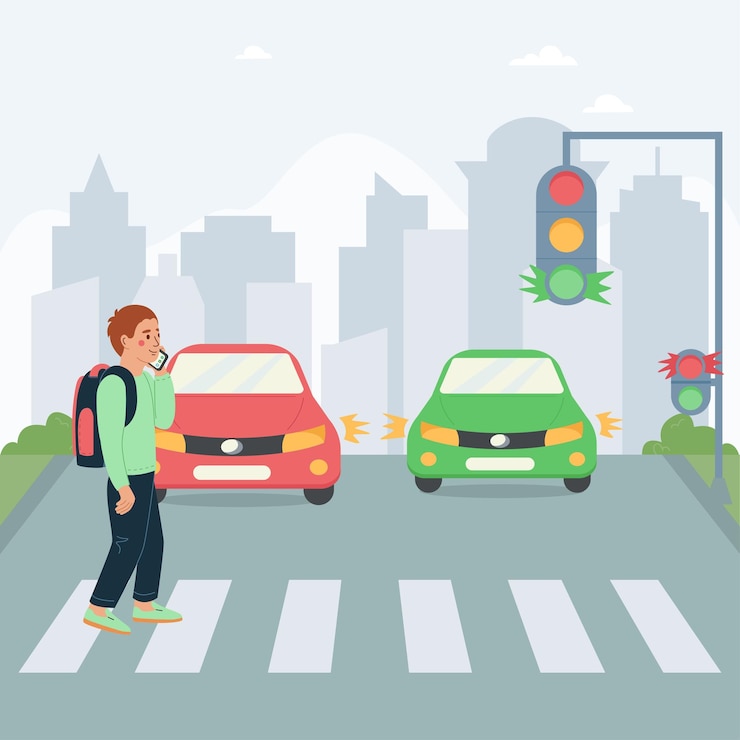 Vector gratuito cartel plano de seguridad para niños con colegial cruzando la calle en el semáforo rojo y hablando por teléfono ilustración vectorial