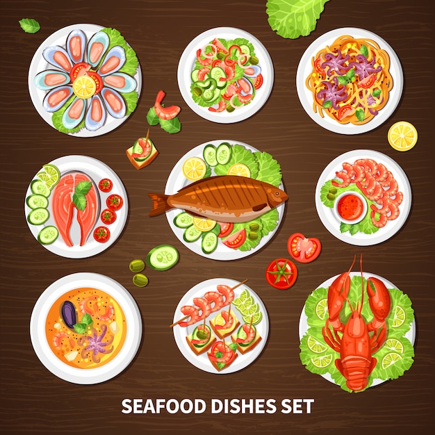 Cartel Con Platos De Mariscos Set