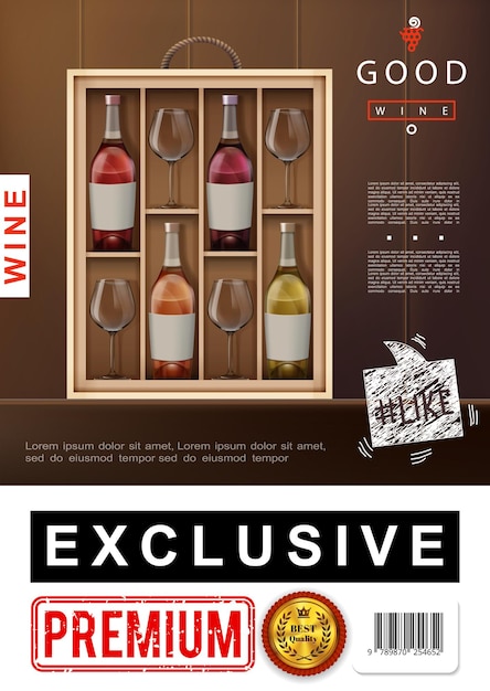 Cartel premium de vino realista con un conjunto exclusivo de vinos rosados blancos y copas de vino en una ilustración de madera