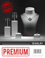 Vector gratuito cartel promocional de joyería realista con anillos de aretes de collar de plata con diamantes de esmeraldas en soportes e ilustración ficticia
