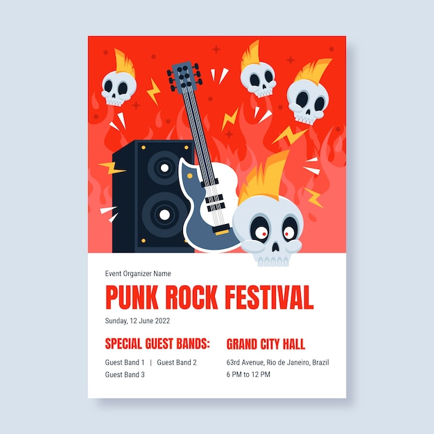 Vector gratuito cartel de punk rock de diseño plano