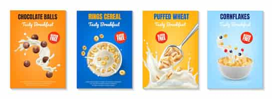 Vector gratuito cartel realista de cereal de desayuno con bolas y anillos ilustración vectorial aislada