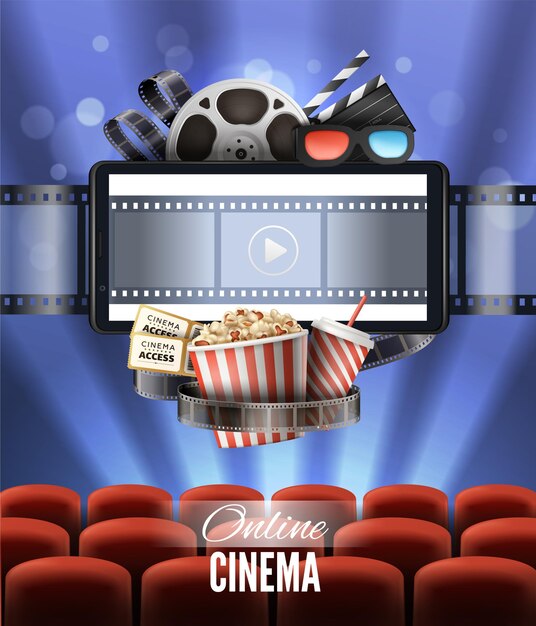 Cartel realista de cine en línea con pantalla de palomitas de maíz 3d gafas asientos vector ilustración