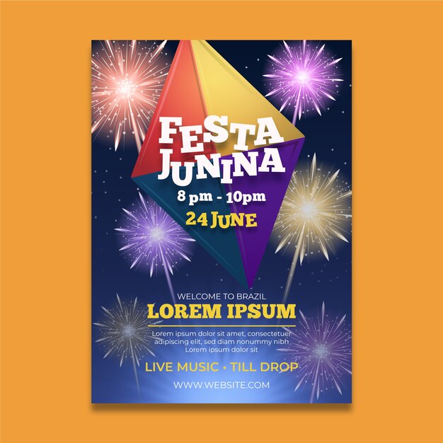 Vector gratuito cartel realista de festa junina con fuegos artificiales