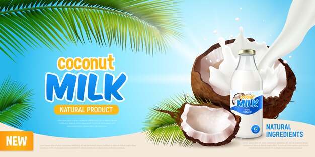 Cartel realista de leche de coco con publicidad de producto natural hojas verdes de palmera de coco agrietado y leche vegana no láctea en la ilustración de la botella