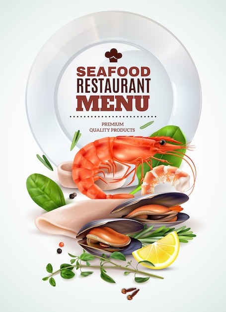 Cartel realista de menú de restaurante de mariscos con mejillones de calamar de camarón hierbas frescas especias ingredientes de cóctel marino