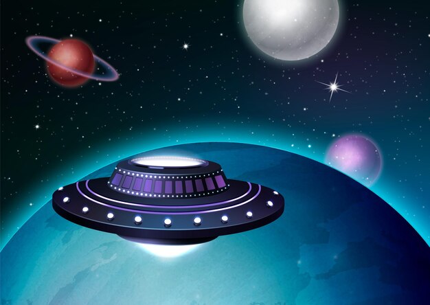Cartel realista de la nave espacial ovni con nave espacial alienígena en la ilustración de vector de espacio exterior