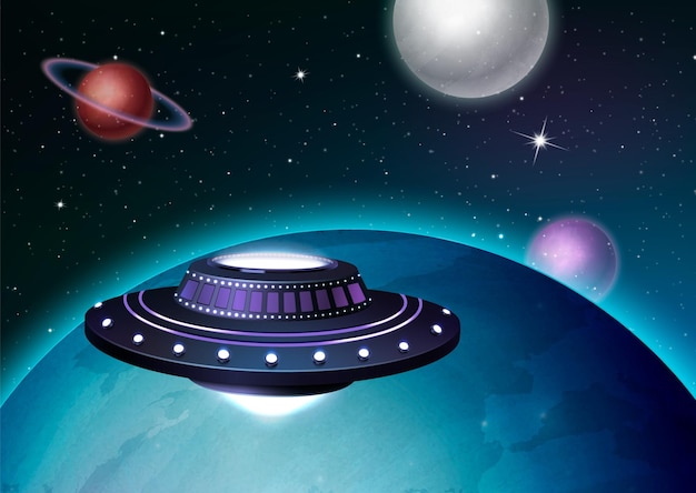 Cartel realista de la nave espacial ovni con nave espacial alienígena en la ilustración de vector de espacio exterior