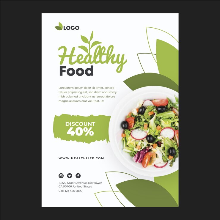 Vector gratuito cartel de restaurante de comida saludable con foto